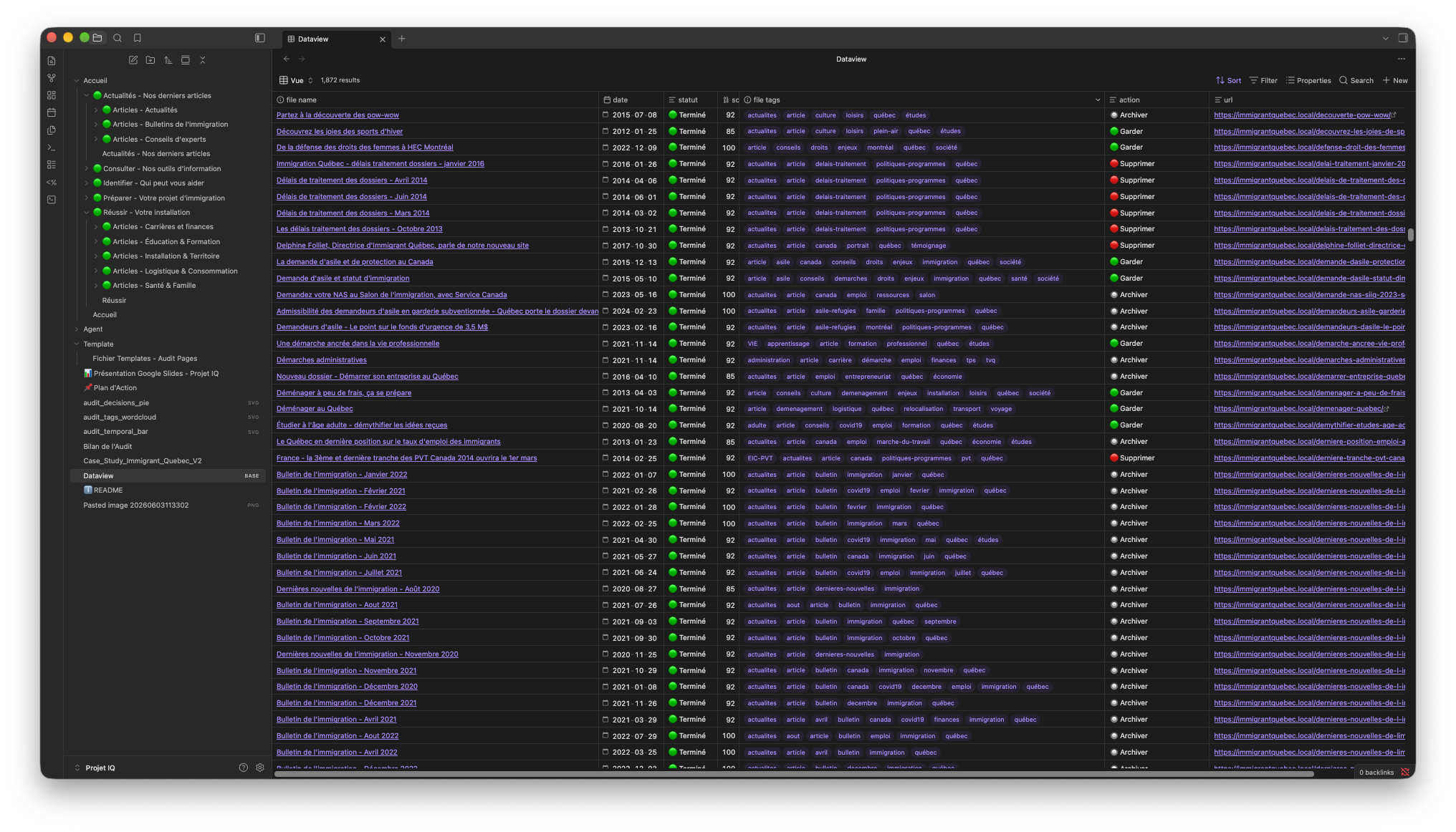 Vue Dataview — Tableau de bord centralisant les 1 817 notes avec statut, priorité et URL