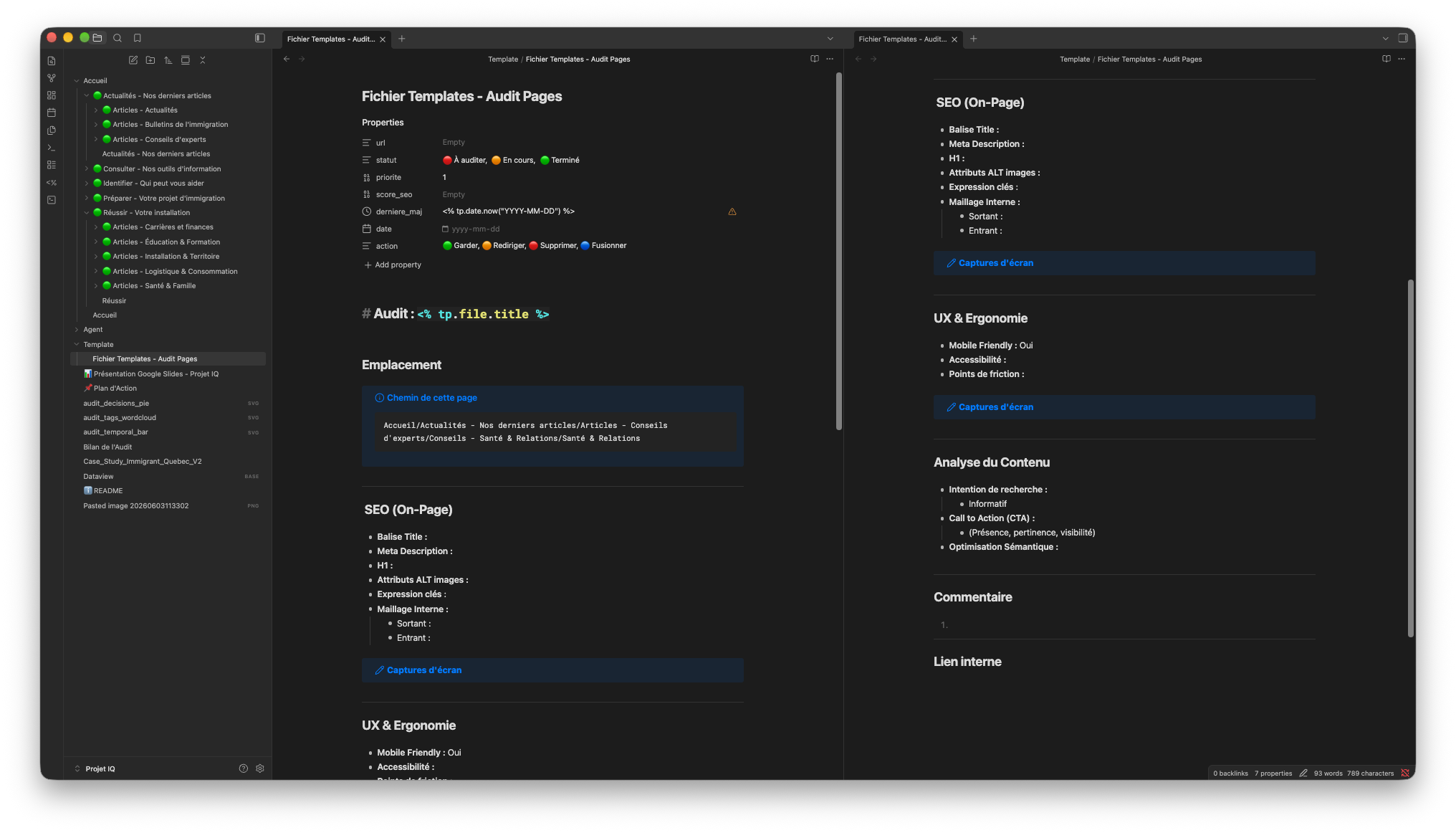 Template d'audit Obsidian — Gabarit structuré avec propriétés frontmatter et sections d'analyse